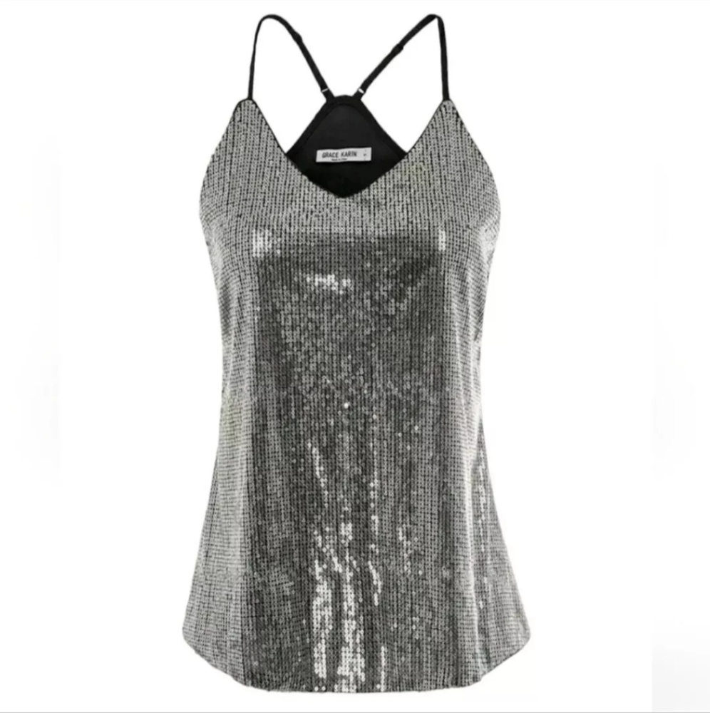 GRACE KARIN Small Women's Sleeveless Sparkle Shimmer Camisole Sequin Tank top